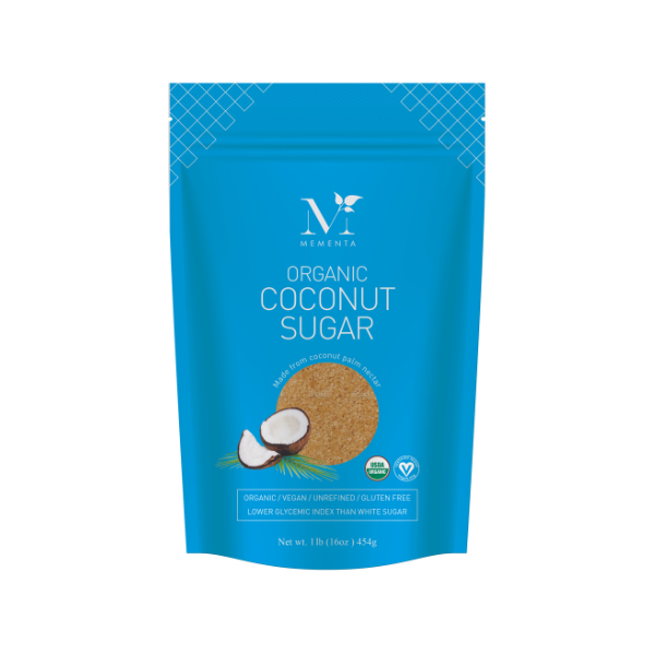Organic Coconut Sugar - 16 oz. pouch | Mementa Inc | Organic Coconut Cooking Ingredients, Plant Based Foods & Beverages, Vegan Meat Alternatives