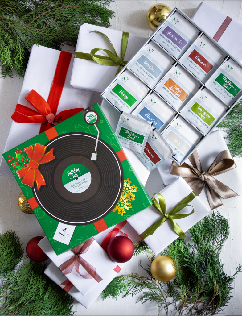 Holiday Hits Record Box 45-count Organic Tea Gift Set | Mementa Inc | Organic Coconut Cooking Ingredients, Plant Based Foods & Beverages, Vegan Meat Alternatives
